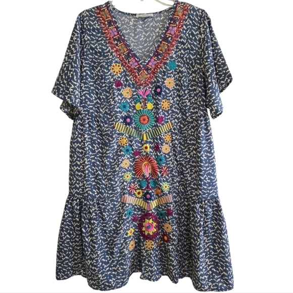 See and Be Seen Embroidered Drop Waist Mini Dress Medium Blue - Picture 1 of 6